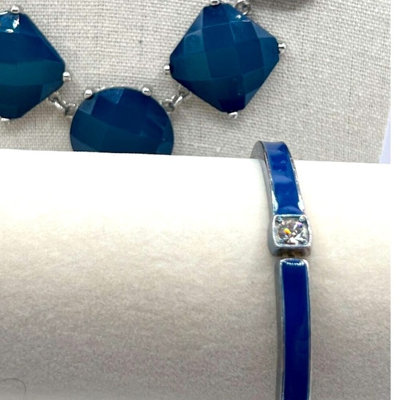 Blue Faceted Necklace & Bangle Set Geometric Design Silver-Tone Chain. N71 - Picture 2 of 12